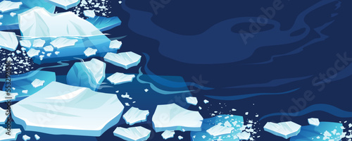 Atlantic, antarctic floes, glaciers and icebergs floating on surface. Isolated masses of cracked ice. Global warming, climate change. Frozen blue water. View from above.