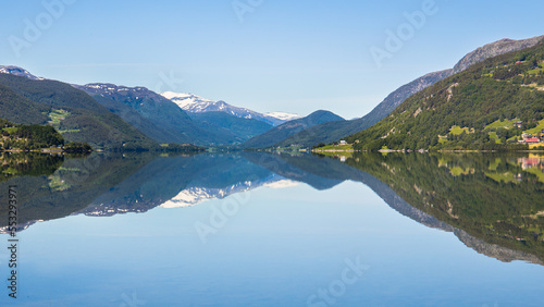 Idyllic blue lake with mountain landscape in Norway on a summer day