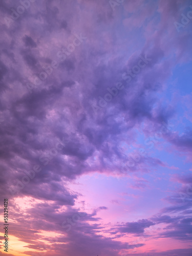 Sky with clouds during sunset. Clouds and blue sky. A high-resolution photograph. Panoramic photo for design and background. © biletskiyevgeniy.com