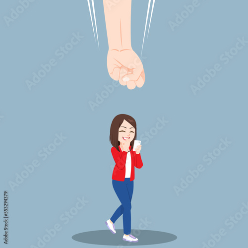 Vector illustration of big fist attacking woman using smartphone mobile. Social issue concept. Misogyny on internet and prejudice against women