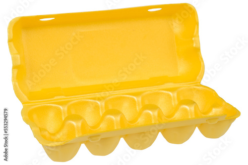 open empty plastic egg box on white background. modern degradable packaging