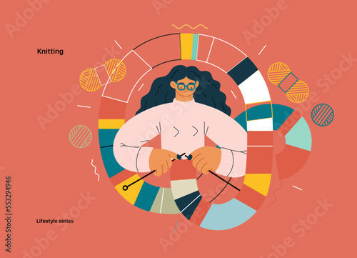 Lifestyle series - Knitting - modern flat vector illustration of a woman wearing glasses knitting a long striped scarf with knitting needles. People activities concept