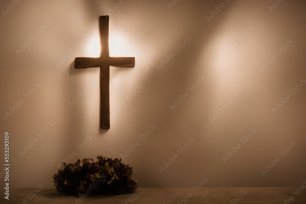 Naklejka premium Realistic illustration of the Christian cross indoors, generative ai