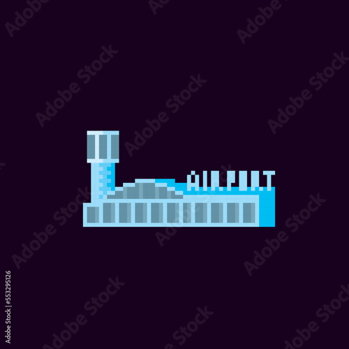 Airport, airport building. Pixel art. Old school computer graphic. Element design stickers, logo, mobile app, menu. 8 bit video game. Game assets 8-bit sprite. 16-bit.