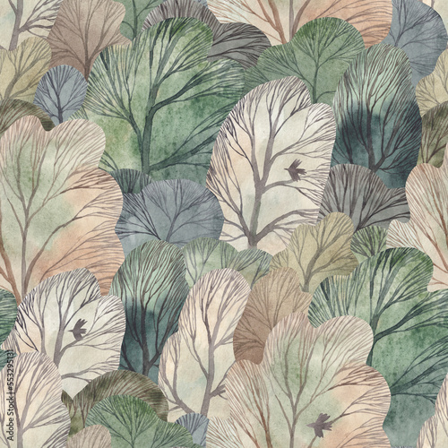 Watercolor forest. Cute seamless pattern. Creative watercolor texture for fabric, wrapping, textile, wallpaper, apparel. Hand drawn illustration.