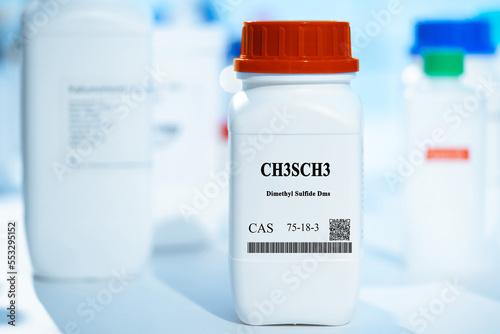 CH3SCH3 dimethyl sulfide DMS CAS 75-18-3 chemical substance in white plastic laboratory packaging photo