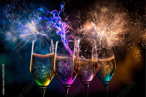 New Years celebration with fireworks and champagne glasses
Generative Ai
