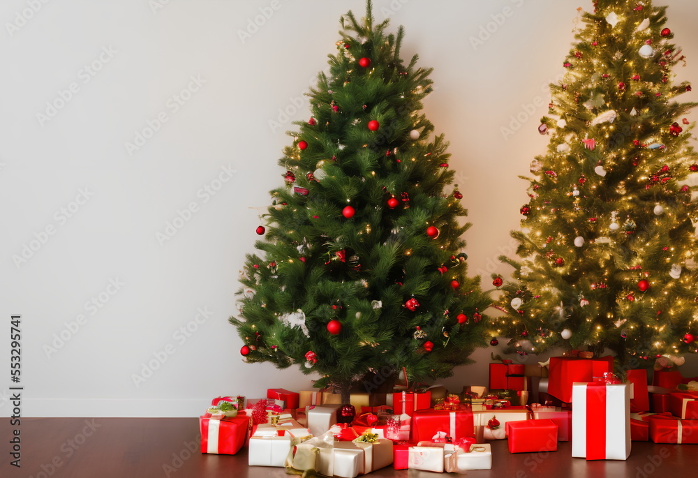 Christmas fir tree indoors with some gifts under it, generative ai Christmas fir tree indoors with some gifts under it, generative ai