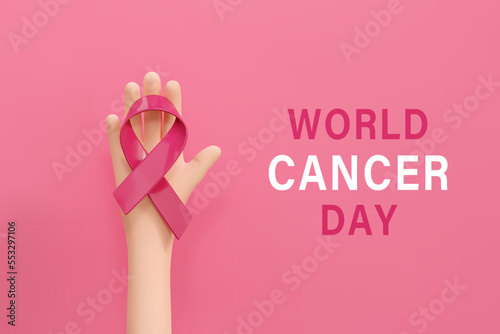 3d hand holding red ribbon. World Cancer Day concept, February 4. Raise awareness, prevention, detection, treatment. Icon design for poster and banner. Vector illustration isolated on white background