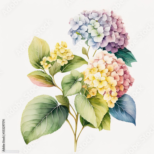 Hortensia drawing in wonderful colors, precise watercolor art, beautiful hydrangeas, blossom, white background, illustration, digital