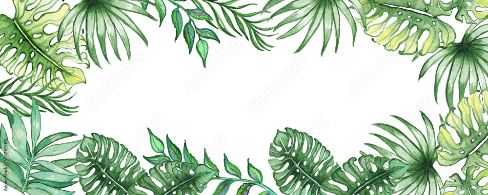 Tropical banner and golden.Watercolor nature, exotic emerald and golden glitter leaves.