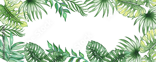 Tropical banner and golden.Watercolor nature  exotic emerald and golden glitter leaves.