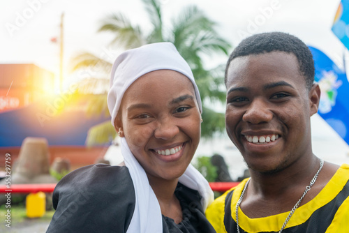 Young man and woman Afro-descendant from the southern Caribbean coast of Nicaragua in traditional costume