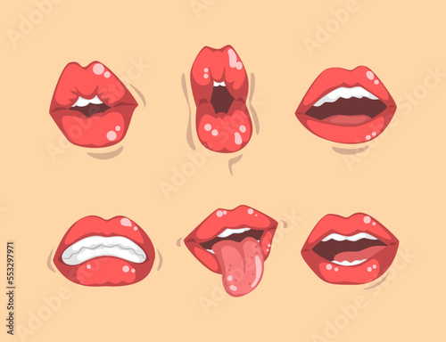 Upper and Lower Lips of Mouth Curving in Different Gestures Vector Set