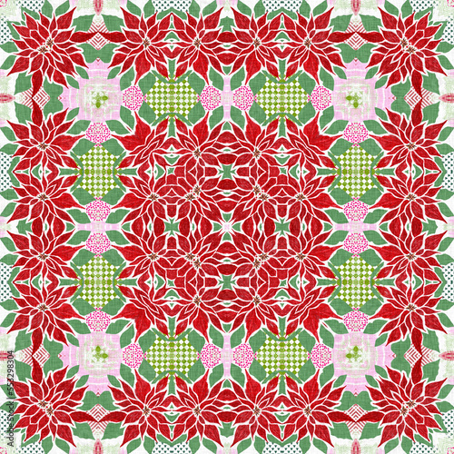 Seamless Christmas poinsettia retro pattern. Decorative ornament in seasonal red for December holiday background. Winter botanical vintage scandi repeat tile. 