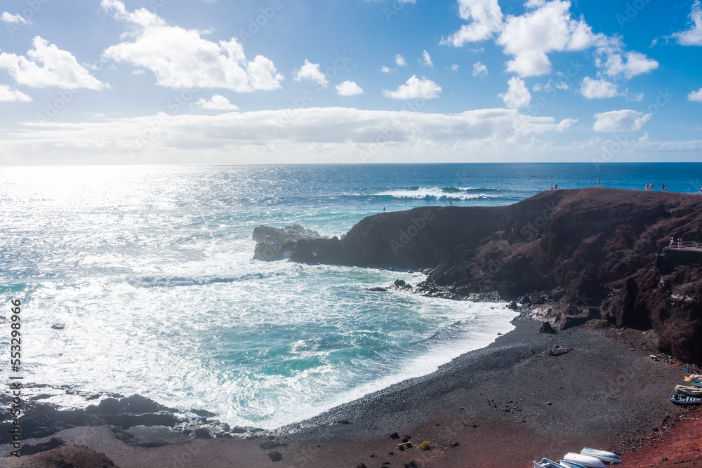 Lanzarote, Spain,  20 March 2022: The Atlantic Ocean at El Golfo black volcanic beach