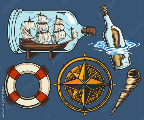 Marine souvenirs set colorful emblems