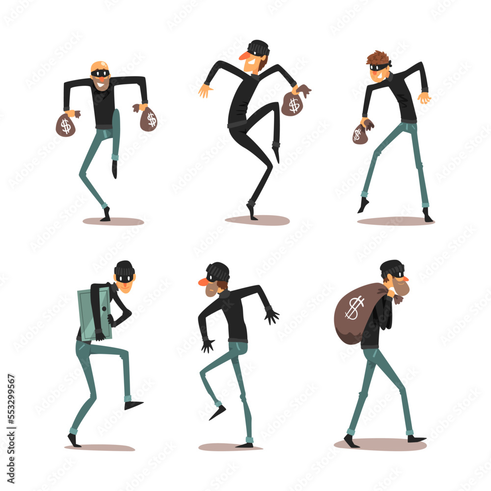 Obraz premium Man Robber Characters or Thief Dressed in Black Clothing and Mask Committing Crime Vector Set