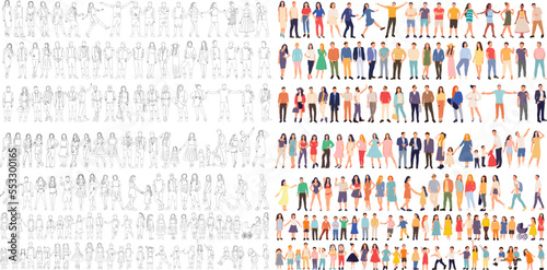 set of people sketch, continuous line drawing, vector