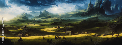 Painting of the panorama of the fantasy landscape depicts a valey and mountains bathed in the soft light of morning.