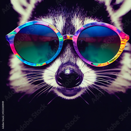 Raccoon wearing colorful sunglasses made with generative AI