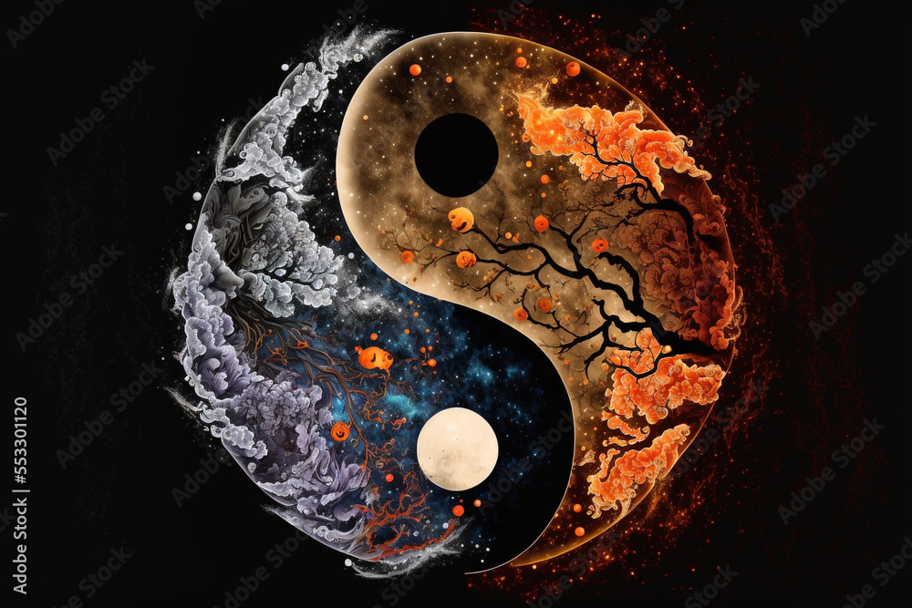 illustration of yin and yang symbol with fire, and water, Stock ...