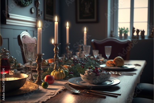 Festive Christmas Dinner Table, Winter Holidays Decorations and Food With Drinks and Candles Generative AI