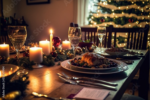 Festive Christmas Dinner Table, Winter Holidays Decorations and Food With Drinks and Candles Generative AI