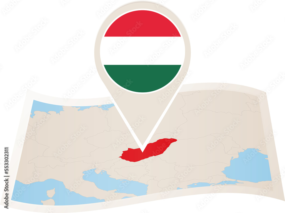 Naklejka premium Folded paper map of Hungary with flag pin of Hungary.