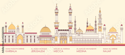 Cartoon Skyline Panorama of the Most Famous Mosques - vector illustration