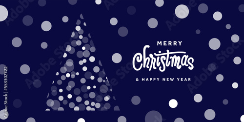 Christmas and New Year Lettering Typographical on blue Xmas background with winter landscape with snowflakes. Merry Christmas card and invitations. Vector Illustration with Snowfall. (ID: 553302722)
