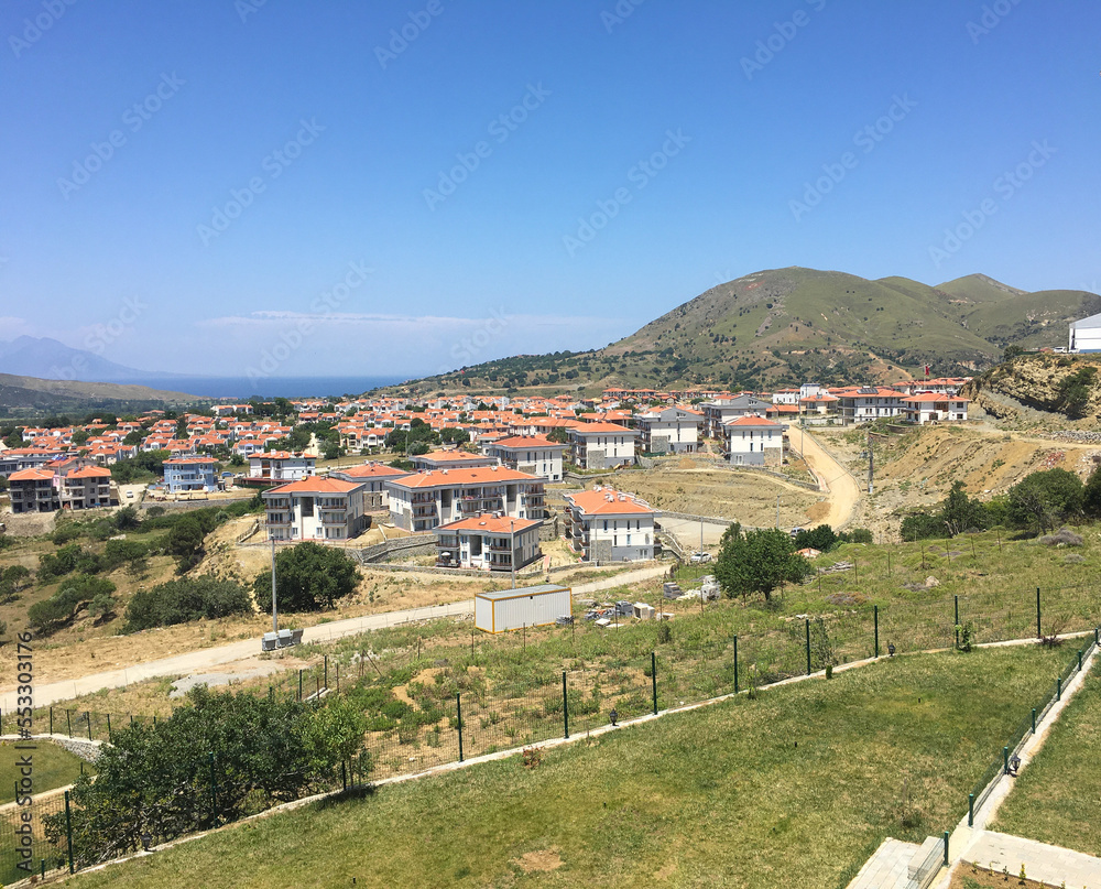 Gökceada, Imbros Island city center view with buildings, Kaleköy village, Semadirek, Samothrace. It is the largest island in Turkey, in the north-northeast of the Aegean Sea.