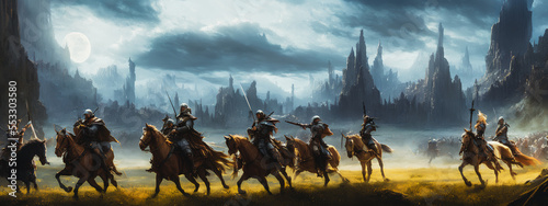 Painting of a knights on horseback in a fantasy landscape, charging onto the battlefield.