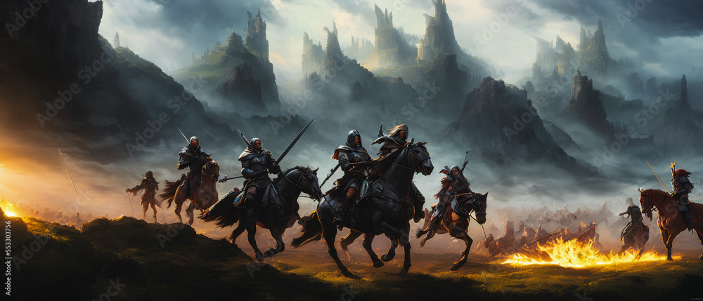 Fototapeta premium Painting of a knights on horseback in a fantasy landscape, charging onto the battlefield.