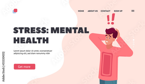 Stress, Mental Health Landing Page Template. Young Man Stress, Shock or Confused Emotion. Astonished Male Character