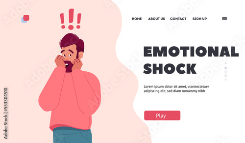Emotional Shock, Stress Landing Page Template. Mature Caucasian Man Covering Open Mouth. Astonished Male Character