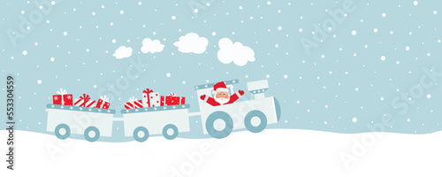 Santa Claus and Christmas train with gifts. Seamless border. Christmas holiday background. Template for greeting card. Vector illustration on light blue background