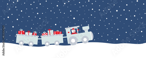 Christmas train with gifts and snowman. Seamless border. Christmas background. Template for greeting card. Vector illustration