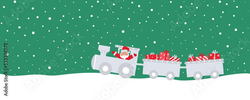 Christmas train with gifts and Santa Claus. Seamless border. Christmas holiday background. Template for greeting card. Vector illustration on green background