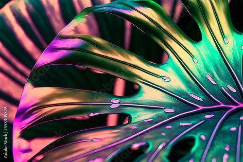 Tropical leaves. Exotic leaf background. Dark green tropical leaves colorful neon light, backlight, leaves, plant background, manstera, palm leaves.