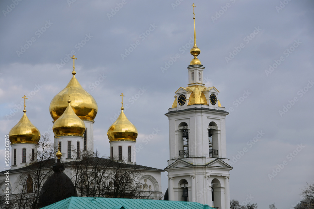 Dormition church. Kremlin in Dmitrov, old historical town in Moscow region, Russia. Color winter photo. Popular landmark.