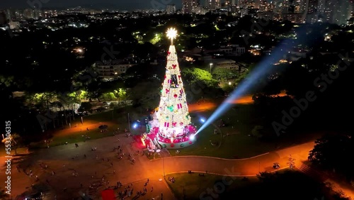 Christmas Tree at Sao Paulo Brazil. Night landscape of illuminated christmas Tree at famous Candido Portinari Park at Sao Paulo Brazil. Holidays scene. Illuminated Christmas Tree at Sao Paulo Brazil. photo