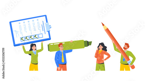 Business Men and Women with Stationery and Checklist Isolated on White Background. Tiny Male and Female Characters