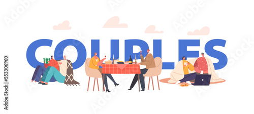 Couple Romantic Date Concept. Characters Celebrate Christmas, Sitting at Table, Drinking, Chatting, Watching Movie