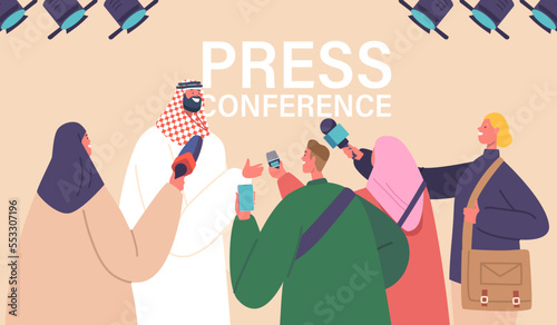 Journalist Interviewing Arab Politician during Briefing or Press Conference. Man in National Suit Speak with Reporters