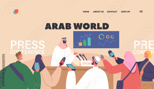 Arab World Landing Page Template. Press Conference, Briefing with Arabic Speaker. Man Speaking to Audience Illustration