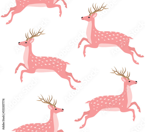 Vector seamless pattern of pink flat hand drawn jumping deer isolated on white background
