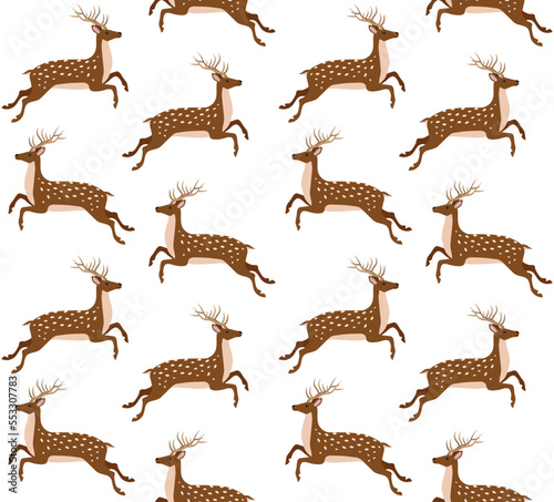 Vector seamless pattern of flat hand drawn jumping deer isolated on white background