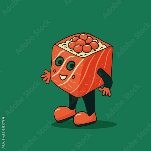 Vector sushi roll with salmon and red caviar in retro style. Groovy retro character