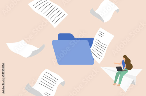 Business people searching files in folder with overwhelm work, busy office worker, businesswoman with overwhelmed work, flat design of work life not balance vector, overwhelming business tasks vector.